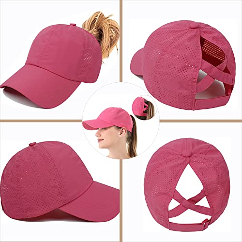 Womens Ponytail Hat Baseball Cap, Adjustable Criss Cross Baseball Cap High Bun Unisex Quick Drying Trucker Hats - color: Zrose Red