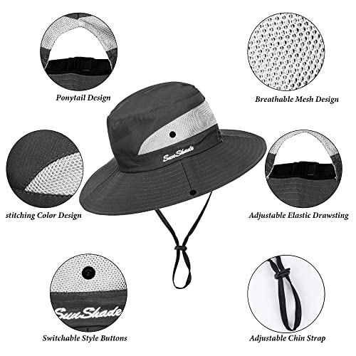 Women's Outdoor-UV-Protection-Foldable-Sun-Hats-Wide-Brim Hat Ponytail-Hole - color: Dark Grey