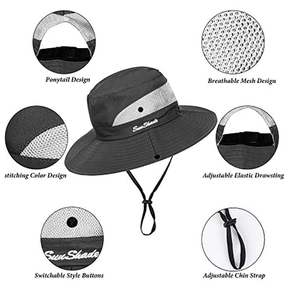 Women's Outdoor-UV-Protection-Foldable-Sun-Hats-Wide-Brim Hat Ponytail-Hole - color: Dark Grey