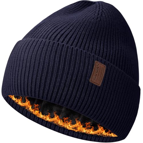 Fleece Lined Winter Beanie for Men Women Warm Windproof Beanies Hats Thick Knit Winter Hat for Cold Weather - color: Navy Blue