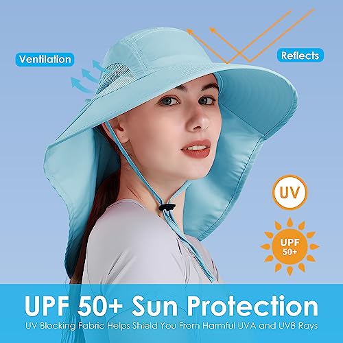 Womens Sun Hat UV Protection, Foldable Waterproof Wide Brim Bucket Hats with Neck Flap for Summer Beach Fishing Hiking - color: Sky Blue