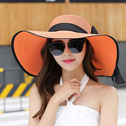 FSIGOM Women's Folable Floppy Hat,Wide Brim Sun Protection Straw Hat, Summer UV Protection Beach Cap - color: C1-e-orange, size: Medium