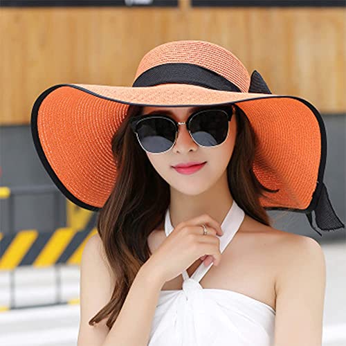 FSIGOM Women's Folable Floppy Hat,Wide Brim Sun Protection Straw Hat, Summer UV Protection Beach Cap - color: C1-e-orange, size: Medium