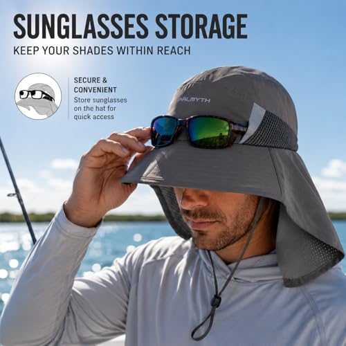 Palmyth Fishing Hat Wide Brim Sun Hat with Neck Flap & Sunglasses Storage - color: Carbon