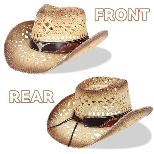 WQWOVRVO Cowboy Hat,Cowgirl Hat,Cowboy Hats for Women/Mens/Straw Wide with Shapeable Brim Western Cowboy Hat for Womens - color: Beige & Coffee