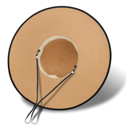 Women Wide Brim Sun Hat UPF50 Straw Summer Hat Floppy Beach Hat Roll-Up - color: Khaki