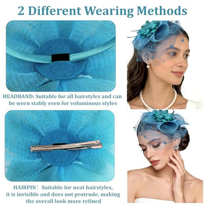 Semato Fascinators Hats for Women Mesh Feathers Elegant Blue Tea Party Kentucky Hat Derby Headband with Hair Clip - color: Blue