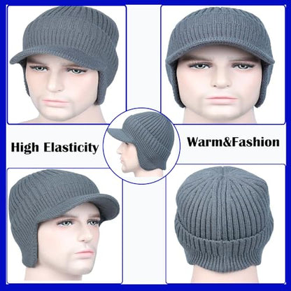 JHDESSLY Knit Beanies with Visor & Earflaps for Men and Women, Winter Hats Fleece Lined Hat Stocking Caps Soft Warm Headwear - color: Navy