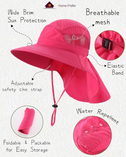 Home Prefer UPF50 Wide Brim Kids Sun Hat Neck Flap Boys Girls Sun Protection Hat for Beach Fishing - color: Hot Pink, size: 4-8 Years