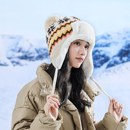 Women Winter Beanie Hat Thick Fleece Lined Warm Earflap Trapper Hat Pom Pom Jacquard Knited Outdoor Ski Snow Cap - color: Style 2-beige