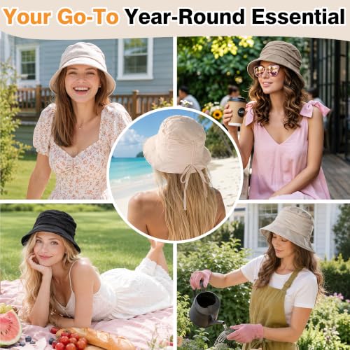 Linen Blend Ruched Bucket Hat Ultra-Light Breathable Sun Hat - color: Black