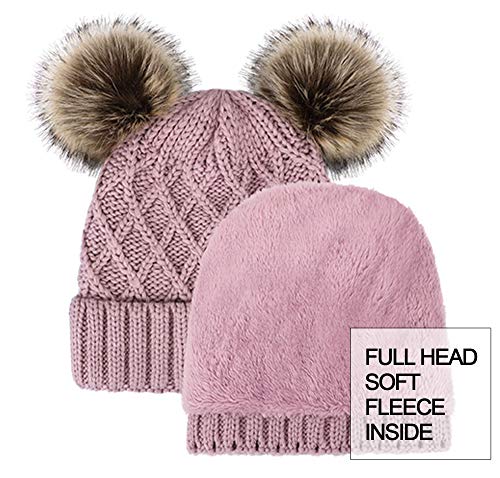 Arctic Paw Womens Winter Hat Cable Knit Beanie for Women Faux Fur Pompom Ears - color: Pink_grid