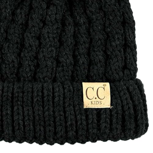 C.C Kids' Cable Knit Double Pom Beanie for Kids - Comfortable Soft Warm Children Skully Hat with Pom - color: Yarn Pom Black