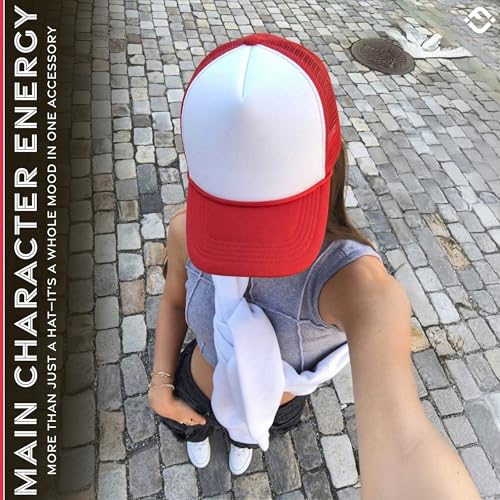 Funky Junque Blank Mesh Foam Lightweight Snapback Trucker Hat - color: White/Red