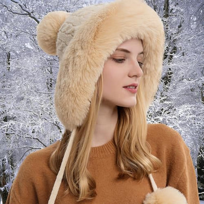 Womens Faux Fur Hat with Fluffy Pompom for Winter Fuzzy Knitted Beanies Skull Cap Warm Earflaps Cold Weather Cute Khaki