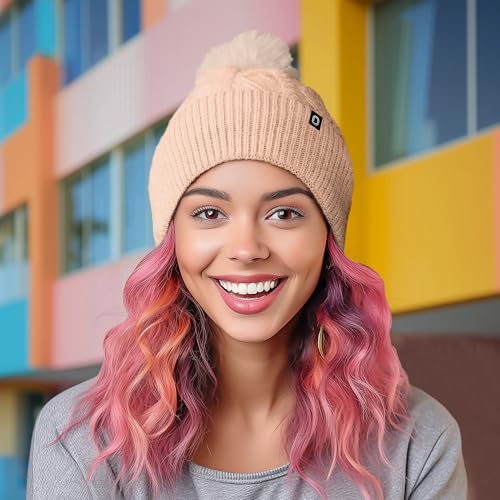 DALIX Cable Knit Pom Beanie Soft Stretch Skully Warm Fuzzy Faux Sherpa Winter Ski Beanie - color: Peach