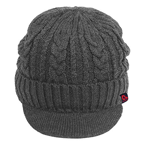 Original One Men Wool Blend Cable Knitted Visor Beanie Winter Knit Hat with Brim Fur Lined Ski Cap - color: Grey
