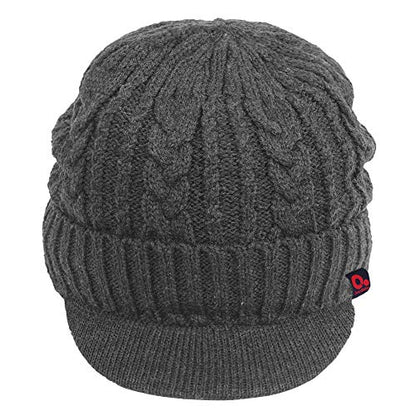 Original One Men Wool Blend Cable Knitted Visor Beanie Winter Knit Hat with Brim Fur Lined Ski Cap - color: Grey
