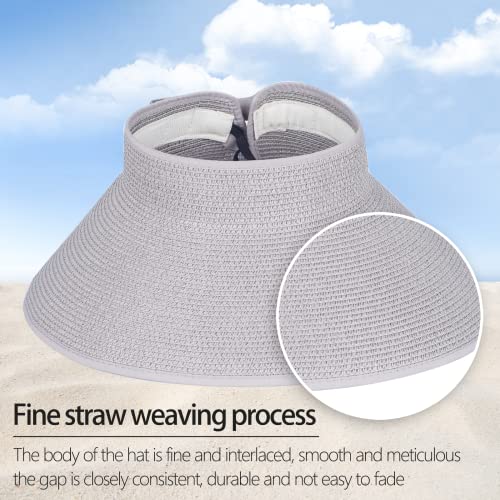 Women Sun Visors Foldable Straw Hats Summer Beach Packable Hat Floppy Wide Brim Cap Deep Style, Adjustable Size - color: Gray Black