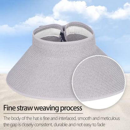 Women Sun Visors Foldable Straw Hats Summer Beach Packable Hat Floppy Wide Brim Cap Deep Style, Adjustable Size - color: Gray Black