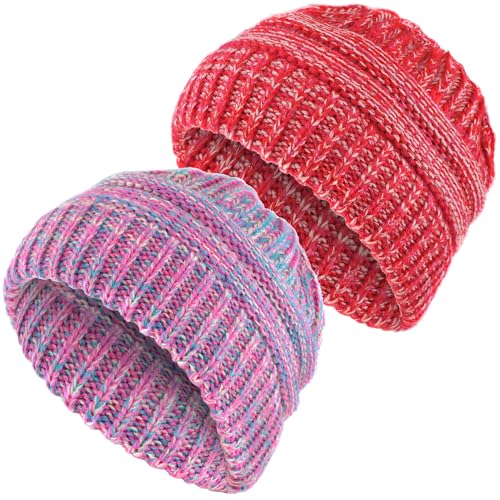 Women Ponytail Beanie 2-Pack, Thick Thermal Soft Acrylic Winter Skull Cap - color: D & F