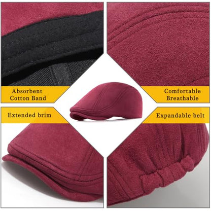 Xinveen Suede Cap Newsboy Hat Elastic Adjustment Beret Ivy Cap Irish Cabbie Driving Hunting Hats - color: Wine Red