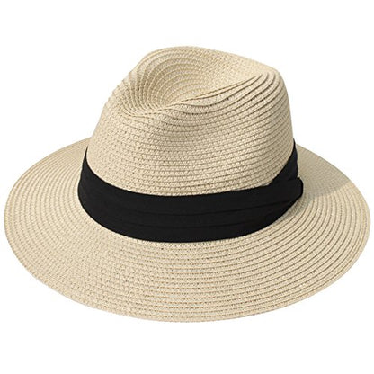 Lanzom Women Wide Brim Straw Panama Roll up Hat Fedora Beach Sun Hat UPF50+ - color: 01-fold Belt Khaki, size: One Size-Medium