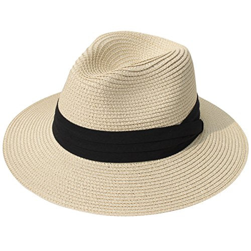 Lanzom Women Wide Brim Straw Panama Roll up Hat Fedora Beach Sun Hat UPF50+ - color: 01-fold Belt Khaki, size: One Size-Medium