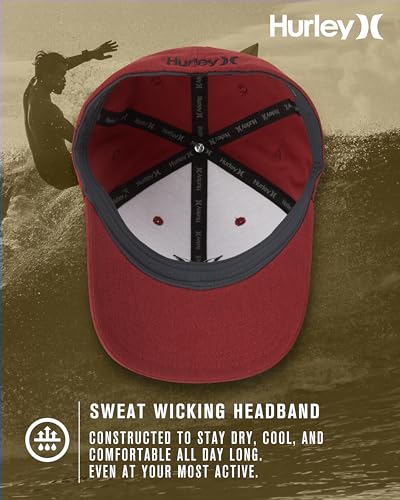 Hurley Mens Baseball Cap Curved Brim Moisture Wicking Flexfit Fitted Hats - color: Red, size: Small-Medium