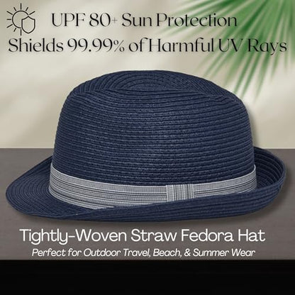 Funky Junque Packable Straw Fedora, Mens Panama Trilby Hat - color: Navy Blue, size: Small-Medium