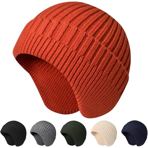 Beanie Hat with Earflap for Men Women, Soft Warm Knit Skull Caps Unisex Fashion Outdoor Winter Hats - color: Orange