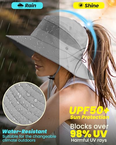 EW EastWater Beach Sun Bucket Hats for Women,UV Protection High Ponytail Hole UPF 50+ Waterproof for Hiking Safari Fishing - color: Light Grey