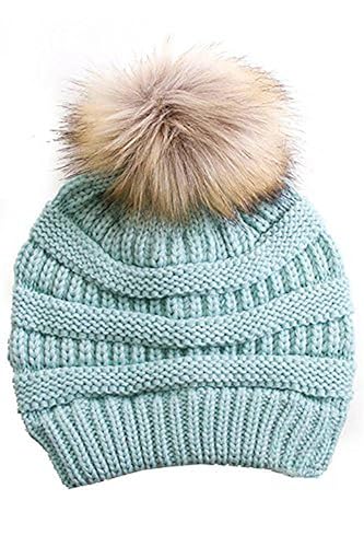 Gravity Threads Cable Knit Faux Fur Pom Pom Beanie Hat - color: Mint