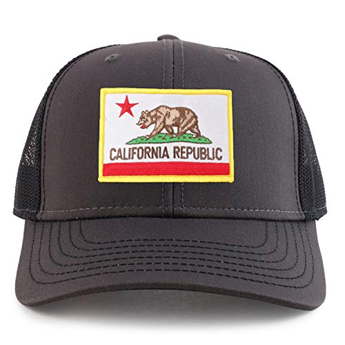Armycrew California State Flag Patch 6 Panel Two Tone Mesh Back Trucker Cap - color: Charcoal Black