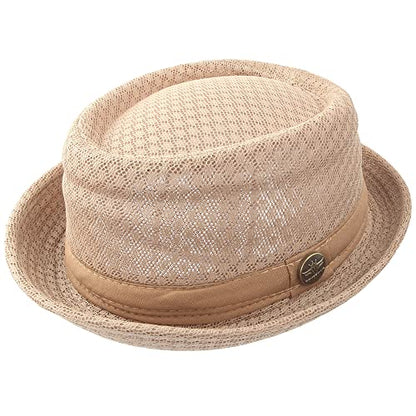 ZffXH lot 2 Pack Trilby Mesh Pork Pie Hat Summer Straw Fedora Cap Bowler Flat Top Sun Hat Lady Men Women - color: Khaki+while
