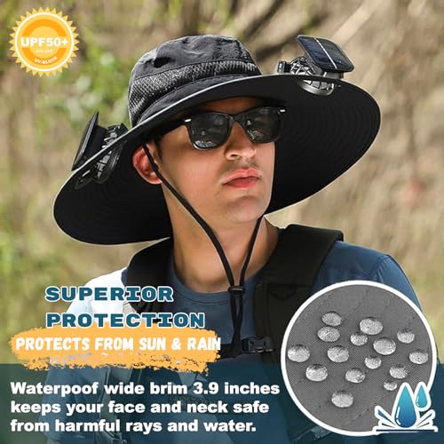 Outdoor Wide Brim Sun Hat with 2 Solar Fan Sun Bucket Hat for Men Women UPF 50+ Bucket Fishing & Beach Hat with Fan Built in - color: Dark Gray