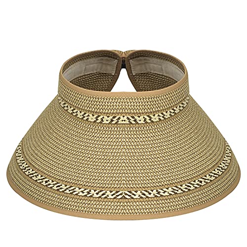 Women Sun Visors Foldable Straw Hats Summer Beach Packable Hat Floppy Wide Brim Cap Deep Style, Adjustable Size - color: Khaki Mix