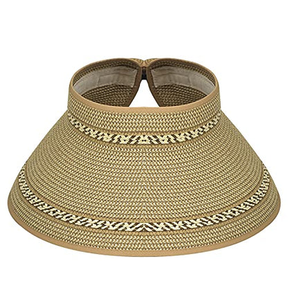 Women Sun Visors Foldable Straw Hats Summer Beach Packable Hat Floppy Wide Brim Cap Deep Style, Adjustable Size - color: Khaki Mix