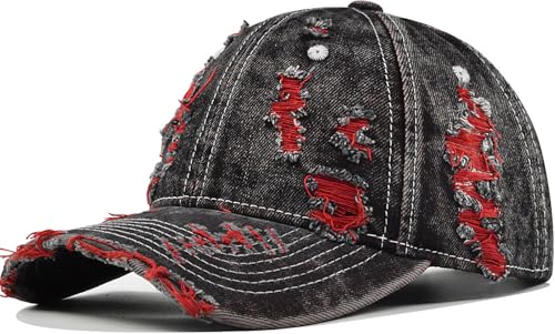 Distressed Washed Denim Baseball Cap Vintage Ripped Strapback Sun Hat for Men Women - color: Red