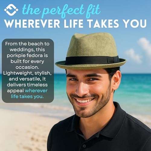 Funky Junque Men's Panama Porkpie Fedora, Linen Summer Beach Hat - color: New Olive, size: Large-X-Large