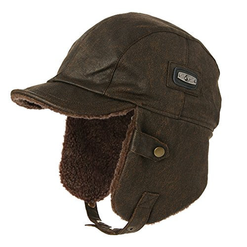 Comhats Aviator Hat Faux Leather Pilot Cap Oversize Adult Men Winter Trapper Hunting Hat 56-66CM - color: Brown, size: X-Large