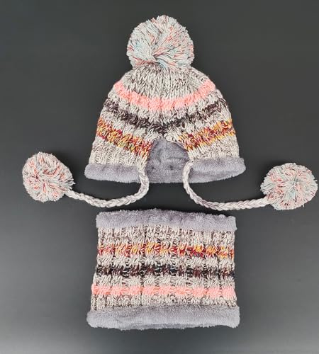 HUAMULAN Women Winter Knit Beanie Hat Circle Scarf Set Pompoms Ear Flaps - color: Gray