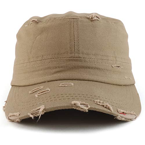Armycrew Military Cadet Style Flat Top Distressed Vintage Cap - color: Khaki