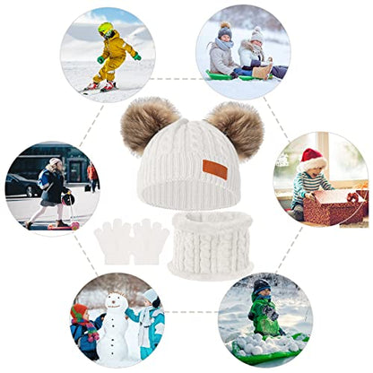 Kids Winter Beanie Hat Scarf Gloves Set,Toddlers Knit Winter Warm Double Pompom Cap Scarf Gloves for Girls Boys 1-5 Years Old - color: White