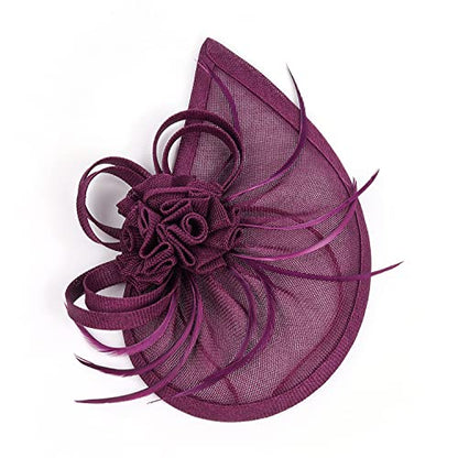 Fascinators Hat for Women Tea Party Headband Mini top Hats Cocktail Flower Mesh Feathers Hair Clip - color: Purple-2