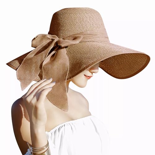 Lanzom Womens 5.7 Inches Big Bowknot Straw Hat Large Floppy Foldable Roll up Beach Cap Sun Hat UPF 50+ - color: Khaki