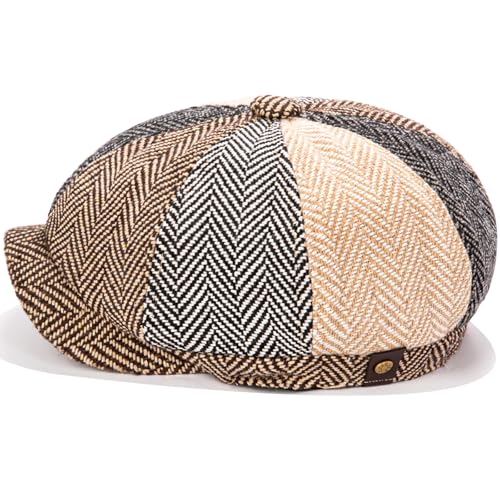 Men's Wool Newsboy Cap 8-Panel Tweed Taxi Hat Herringbone Gatsby Flat Hats - color: Multi-color