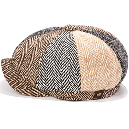 Men's Wool Newsboy Cap 8-Panel Tweed Taxi Hat Herringbone Gatsby Flat Hats - color: Multi-color