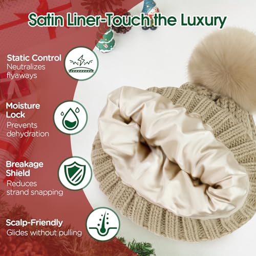 Donfri Women's Satin Lined Knit Beanie with Pompom Oatmeal - color: Oatmeal