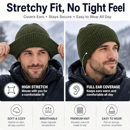 Men’s Plus Size M/L-XXL Merino Wool Beanie for Big Heads - color: Army Green, size: X-Large-XX-Large